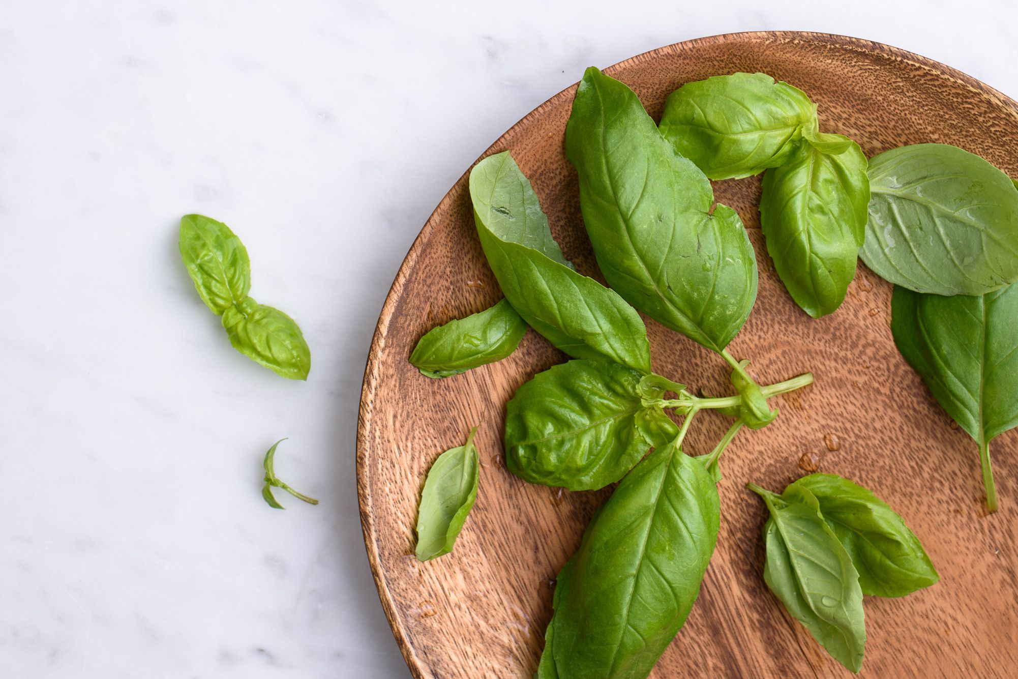 basil leaves on wooden plate