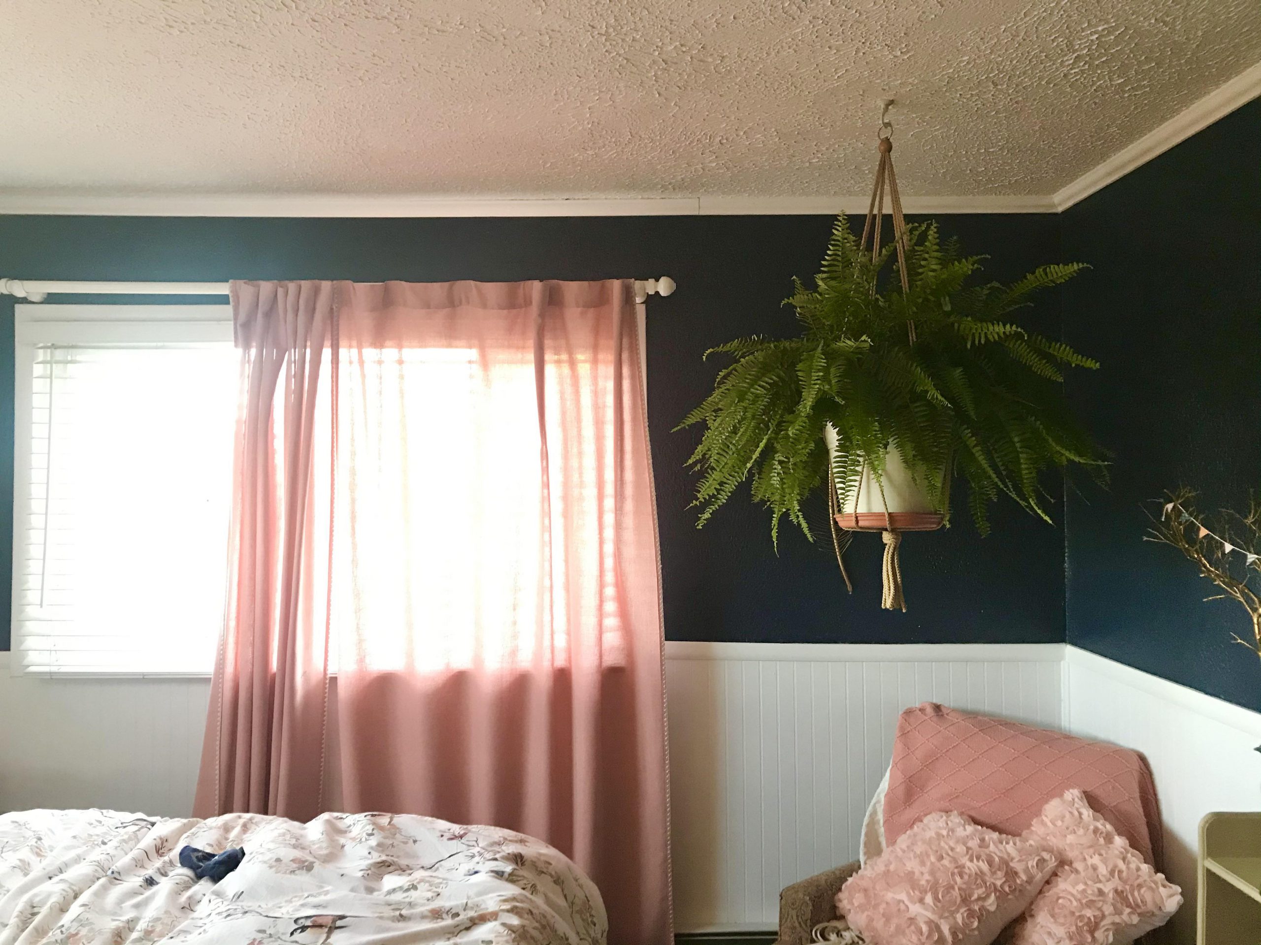 boston fern plant is hanging on the corner of the bedroom