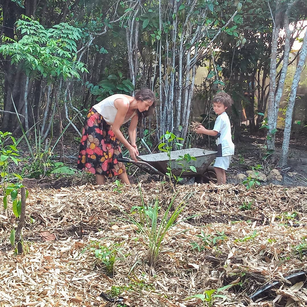 mom and child in garden