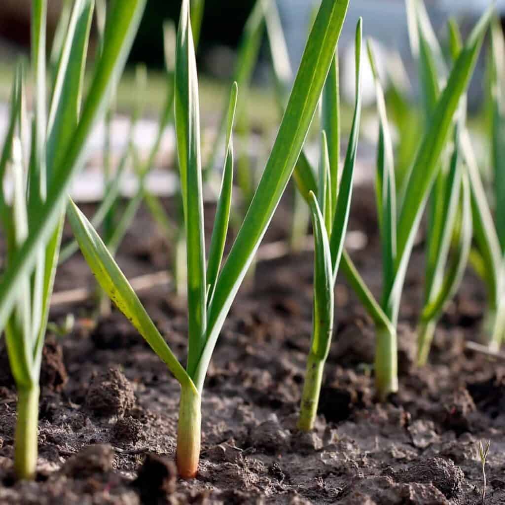 sprouting garlic from the ground