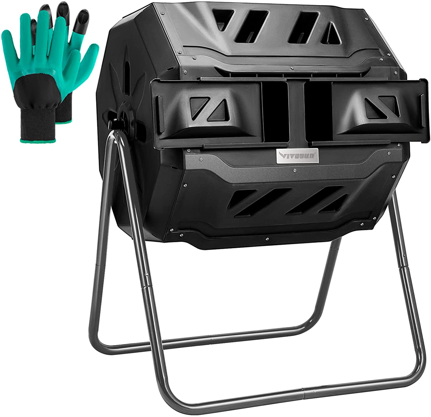 home compost tumbler with gloves